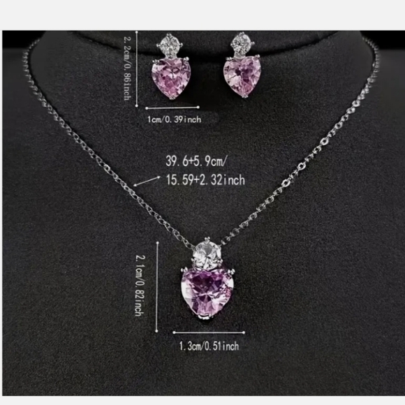 Pink Cubic Zirconia Heart Drop Set Pendant Silver Necklace Earrings - Picture 3 of 7